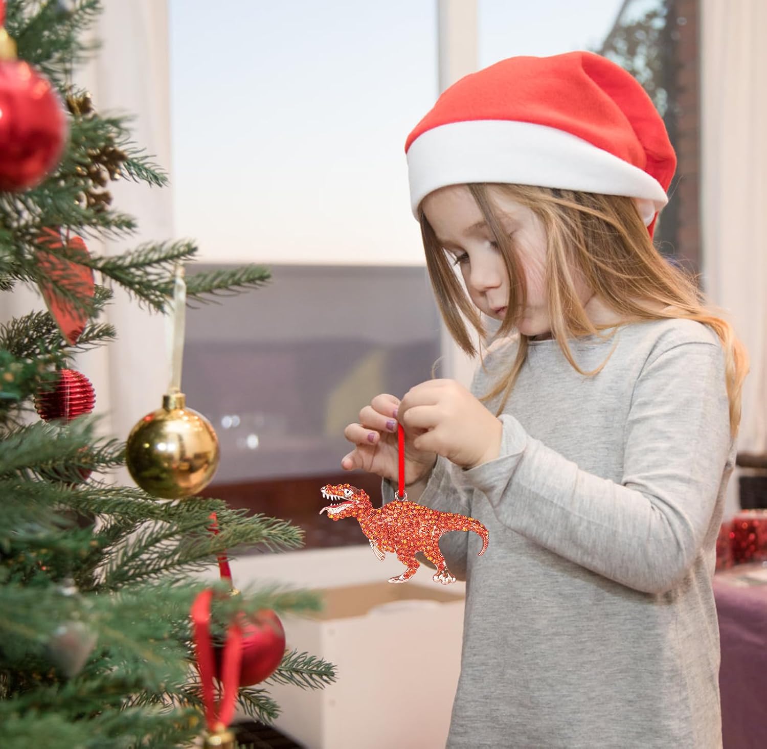WaaHome Adornos de Navidad de dinosaurio de metal, adornos de recuerdo de dinosaurio naranja para decoraciones de árbol de Navidad, decoración de