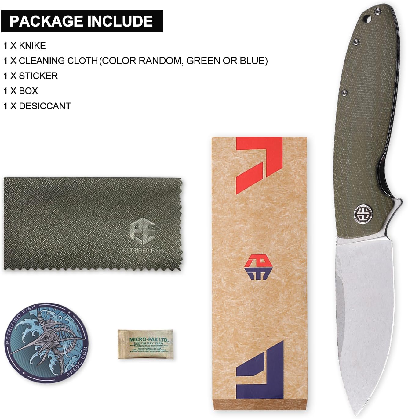 Petrified fish PFB01 Terra,3.54″ D2 Hoja de acero, Micarta Hande Flipper Liner lock Cuchillo plegable (verde)