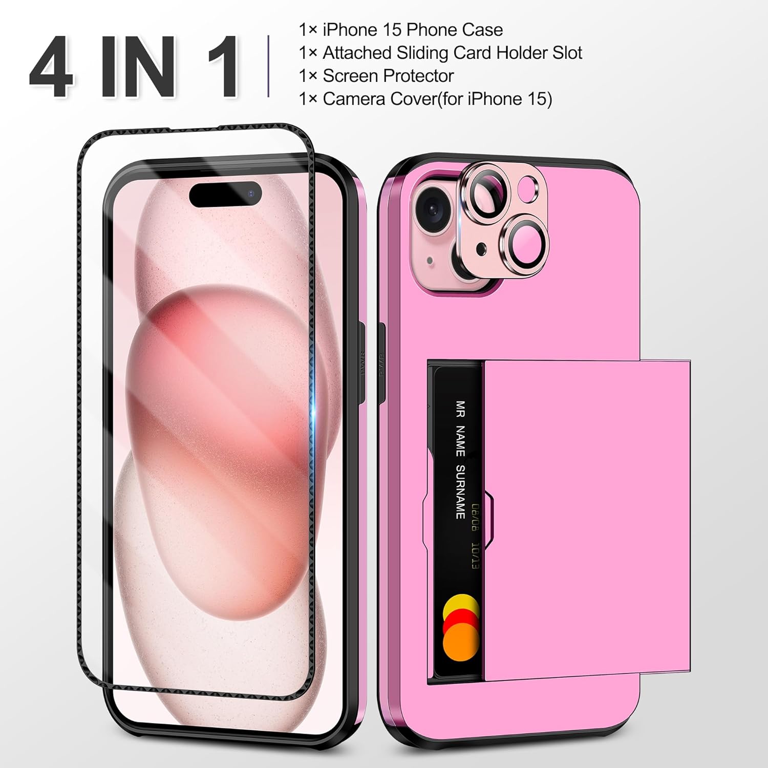 SAMONPOW Funda 4 en 1 para iPhone 15 con tarjetero, protector de pantalla y funda para cámara, funda híbrida tipo cartera para iPhone 15 de cuerpo