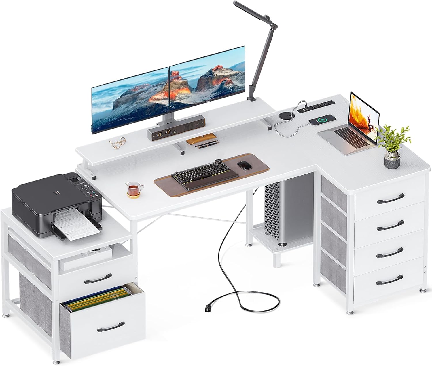 KKL Escritorio para computadora en forma de L con cajones de archivos, 3 tomas de corriente y 2 puertos USB, escritorio de oficina en casa de 72
