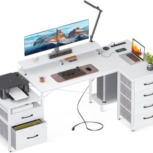 KKL Escritorio para computadora en forma de L con cajones de archivos, 3 tomas de corriente y 2 puertos USB, escritorio de oficina en casa de 72 KKL Escritorio para computadora en forma de L con cajones de archivos, 3 tomas de corriente y 2 puertos USB, escritorio de oficina en casa de 72