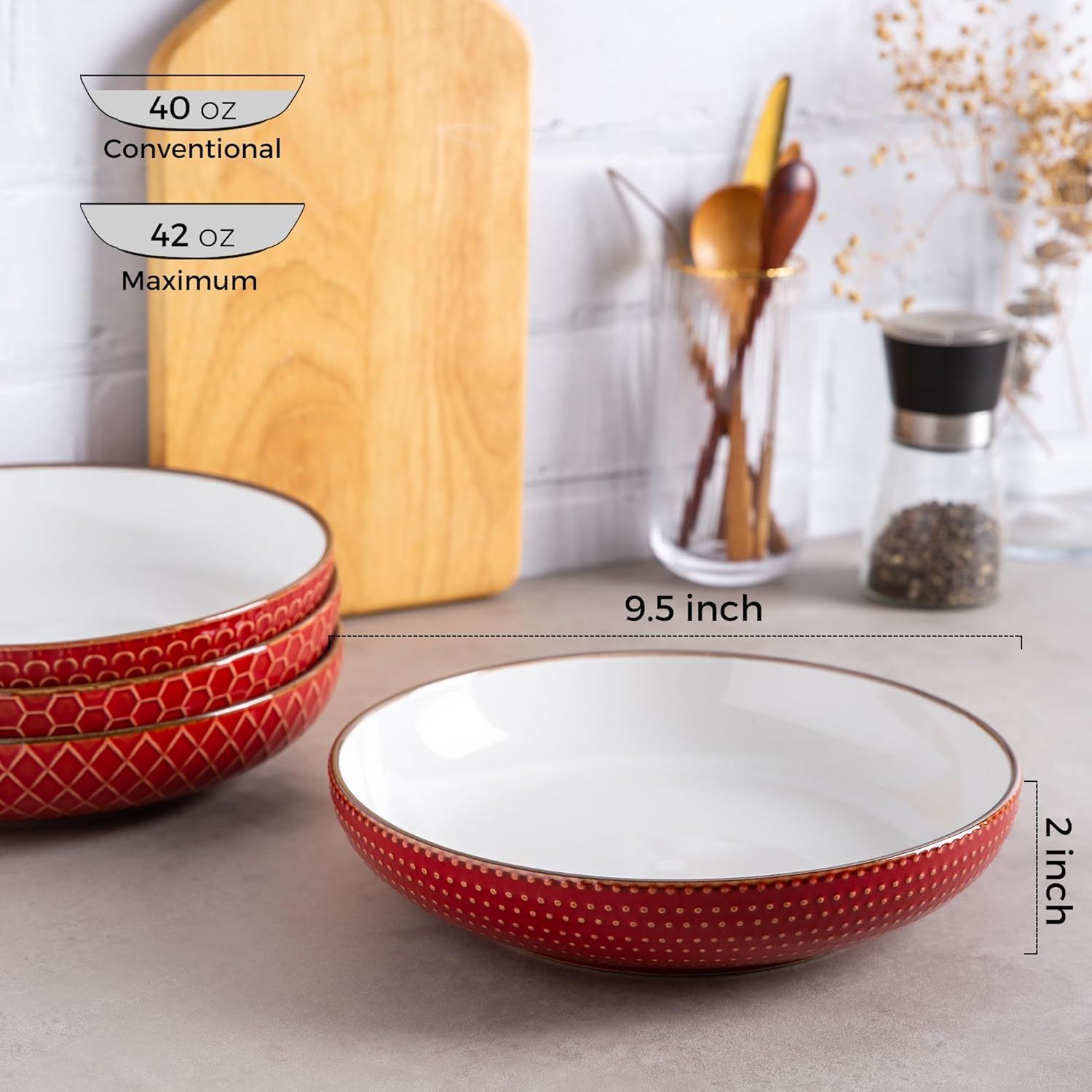 Tazones grandes para pasta de 9.5 pulgadas, cuencos de cerámica de 42 onzas para cocina, cuencos de cerámica con patrón texturizado para pasta,