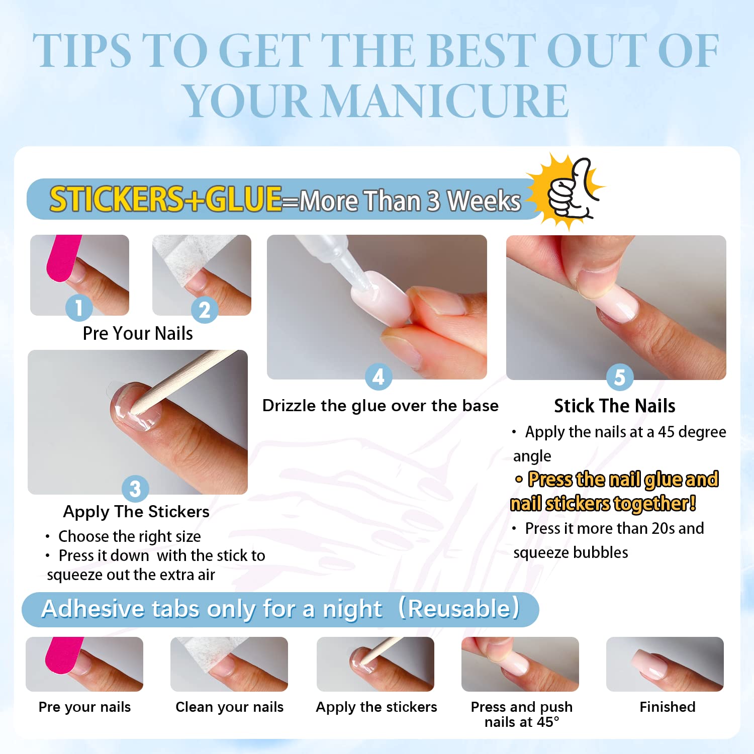 Xcrear – Juego de uñas postizas a presión francesas blancas con purpurina, uñas medianas y con pegamento, uñas postizas medianas y falsas, uñas
