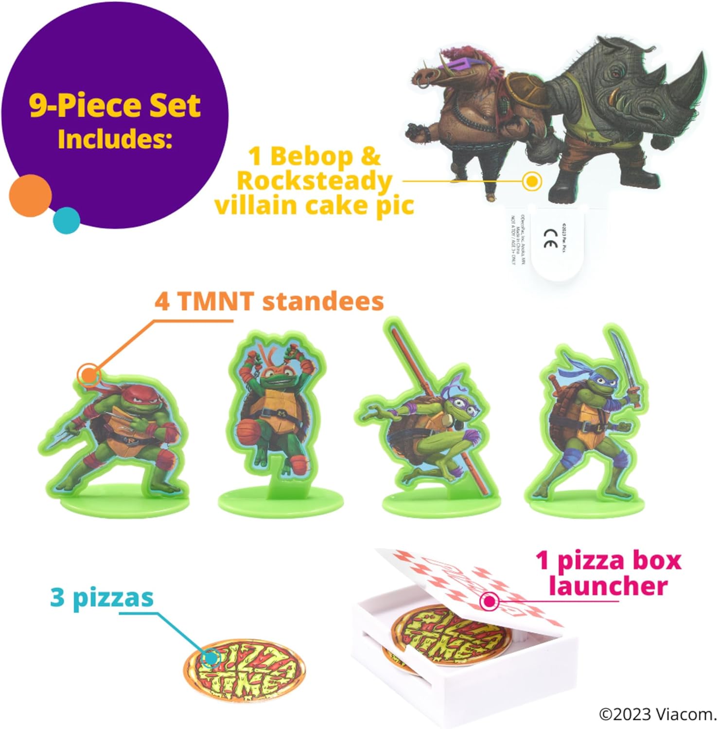 DecoSet Teenage Mutant Ninja Turtles Pizza Power Cake Topper, decoración de pastel de 6 piezas con figuras de tortuga, foto de pastel y lanzador de