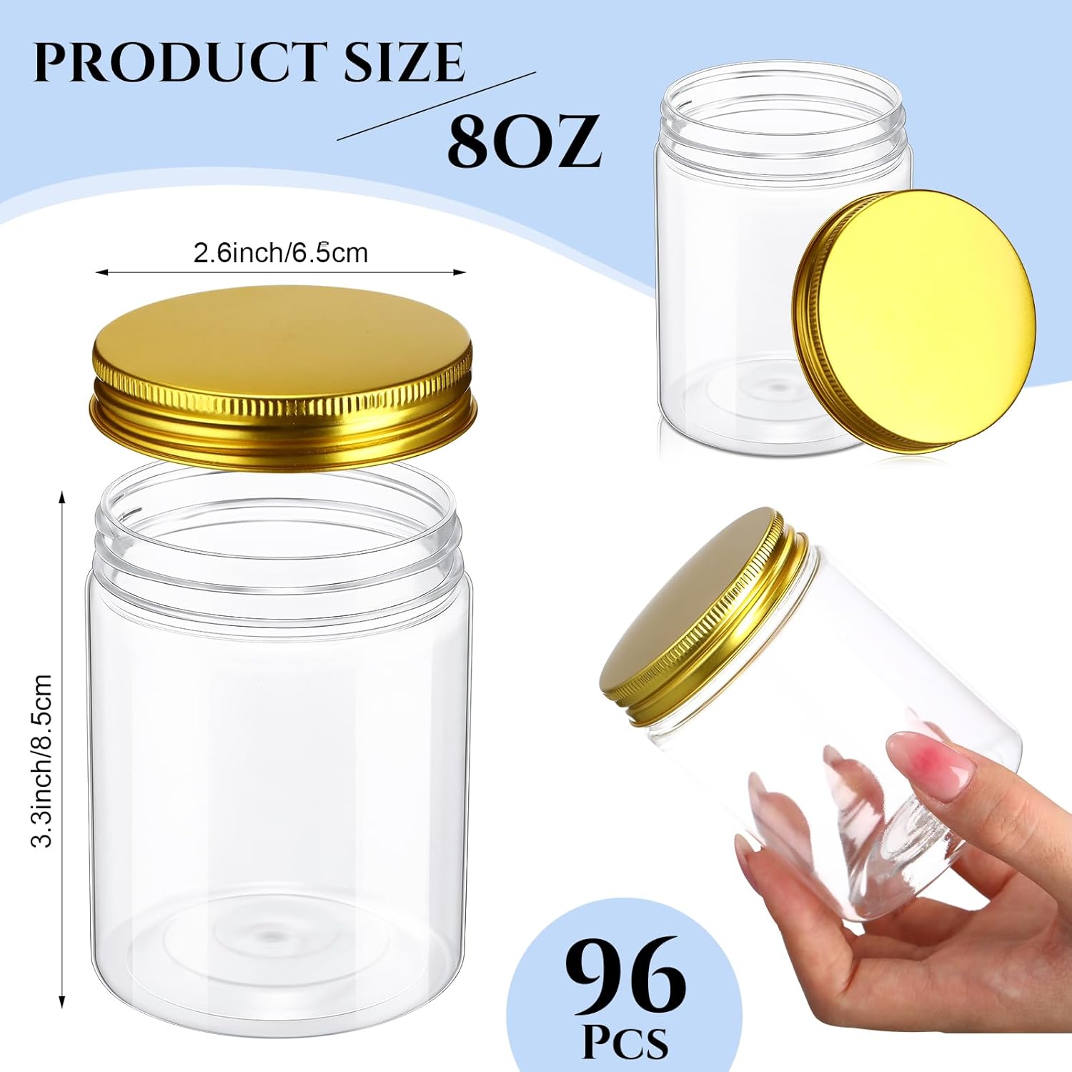 Gejoy 96 tarros de plástico transparente de 8 onzas, recipientes redondos vacíos de almacenamiento con tapas de rosca, pequeños frascos de cocina