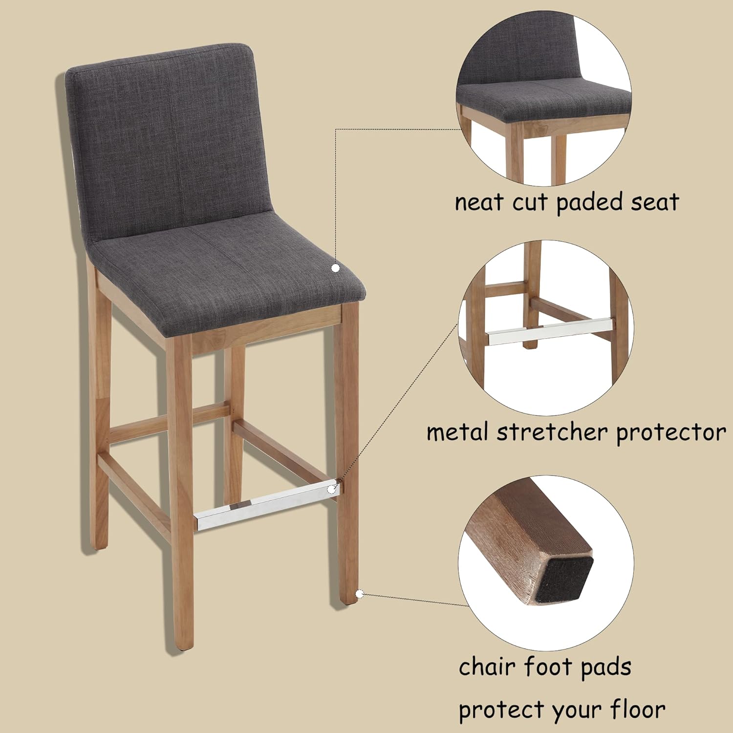 chairus Juego de 2 taburetes de bar altos de tela, taburetes de bar tapizados de lino con patas y respaldo de madera maciza para cocina, isla de
