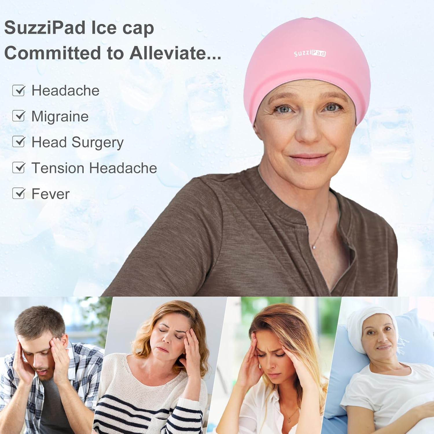 Suzzipad Tapas frías para quimioterapia, paquete de cuidado de quimioterapia para mujeres, gorra de alivio del dolor de cabeza por migraña, paquete