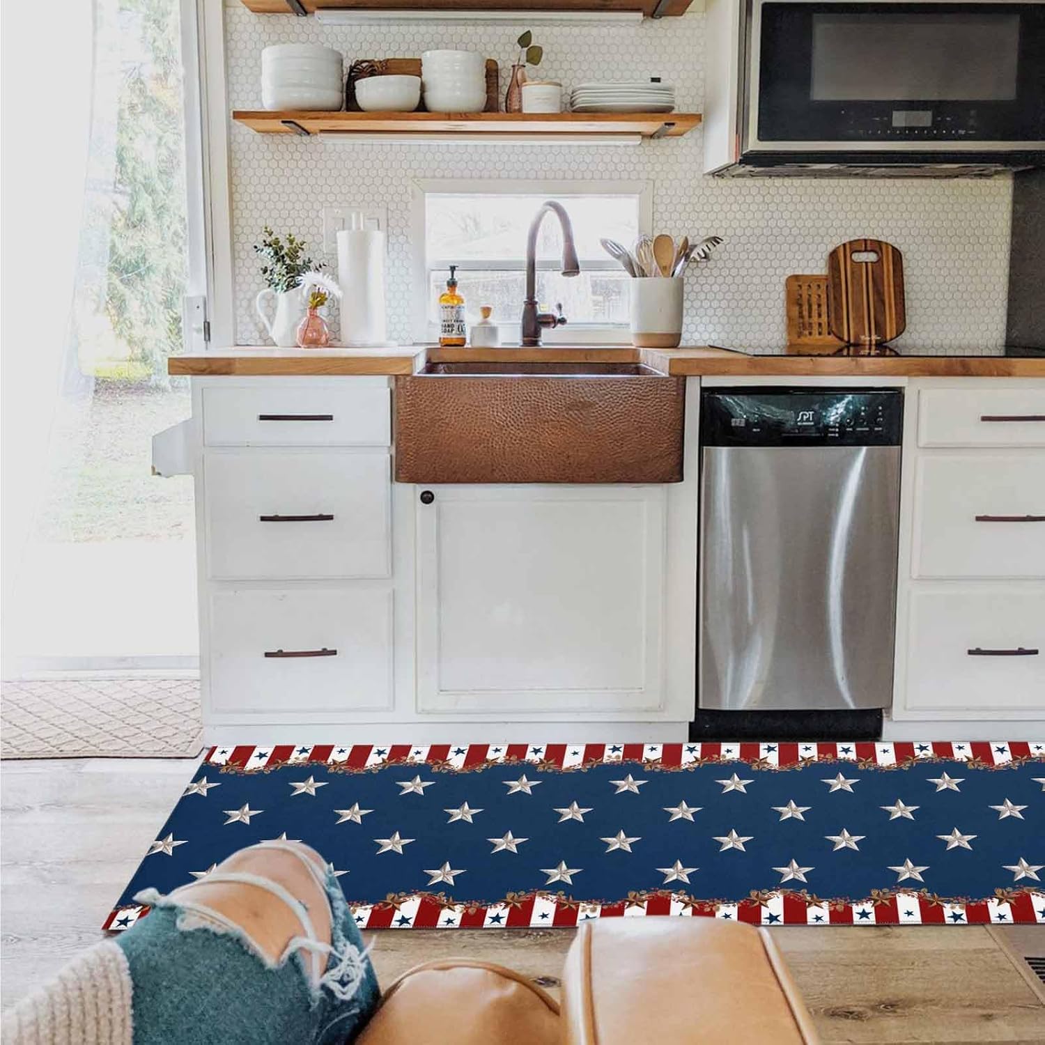 T&H XHome Alfombras y tapetes de cocina para el 4 de julio, Día de la Independencia, bandera de Estados Unidos azul y rojo, estrellas vintage con