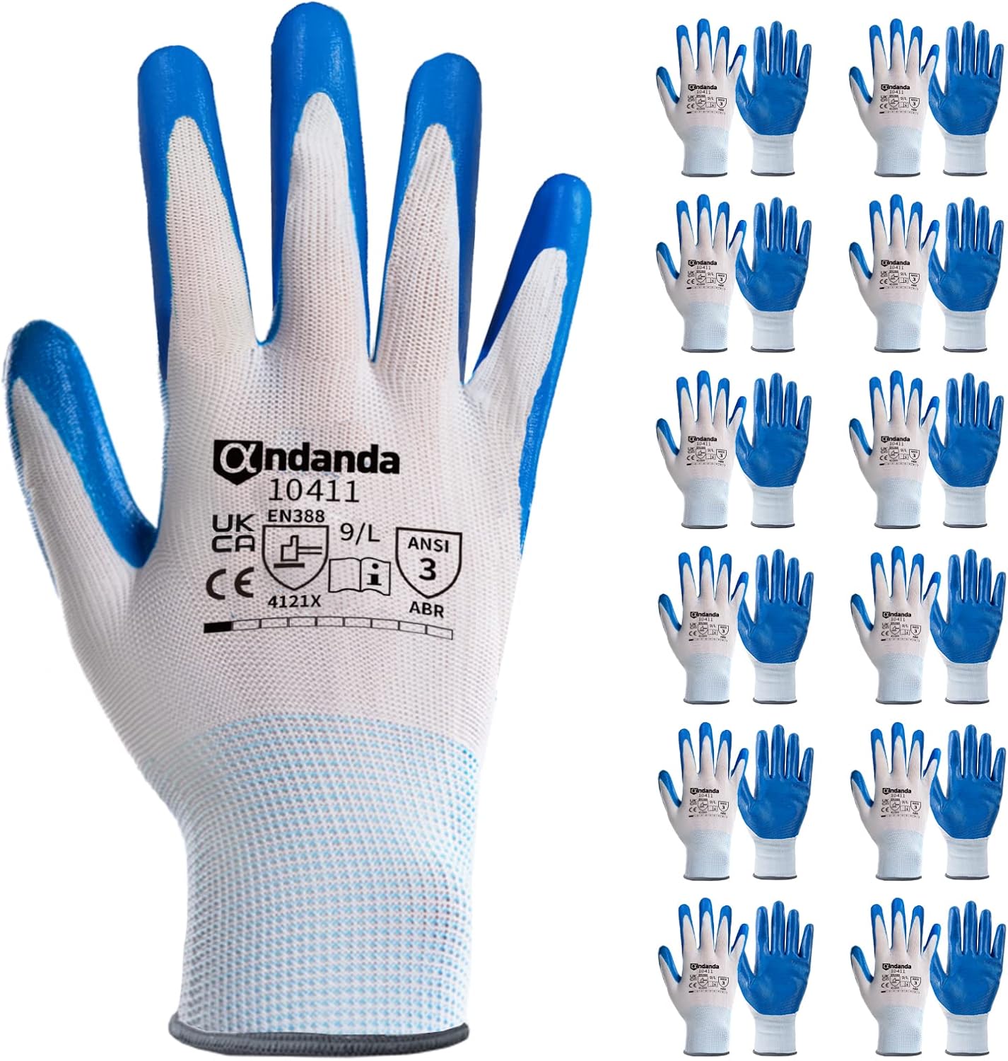 ANDANDA Guantes de trabajo de seguridad, guantes de trabajo de punto sin costuras con revestimiento de goma de nitrilo en la palma y los dedos para