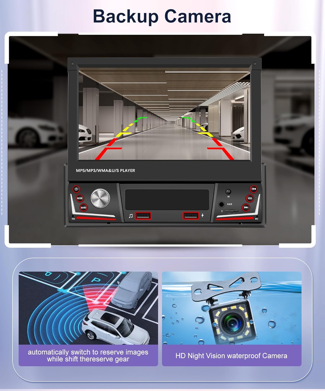 Rimoody 1 DIN – Pantalla táctil abatible con pantalla táctil inalámbrica Apple CarPlay, Rimoody 1 DIN 7 pulgadas radio de coche con Bluetooth FM