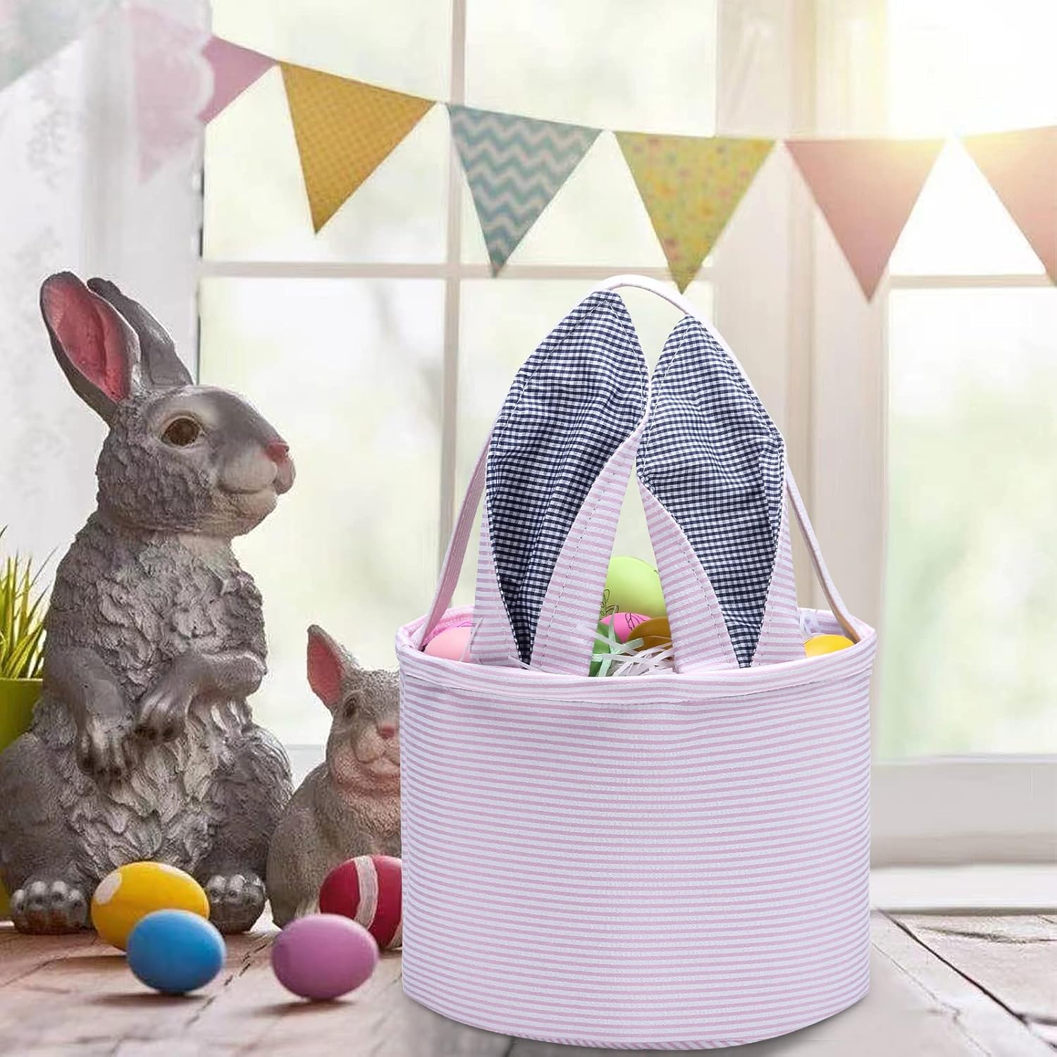 Canasta de conejo de Pascua, bolsas de huevo para niños, lona de algodón personalizado, cesta de huevo de caramelo, conejo con impresión de cola