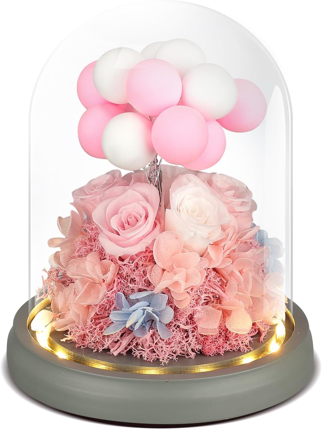 Rosa 100% real en cúpula de cristal, flores preservadas con luz LED, flor eterna con decoración de globos de arcilla, para cumpleaños, aniversario,