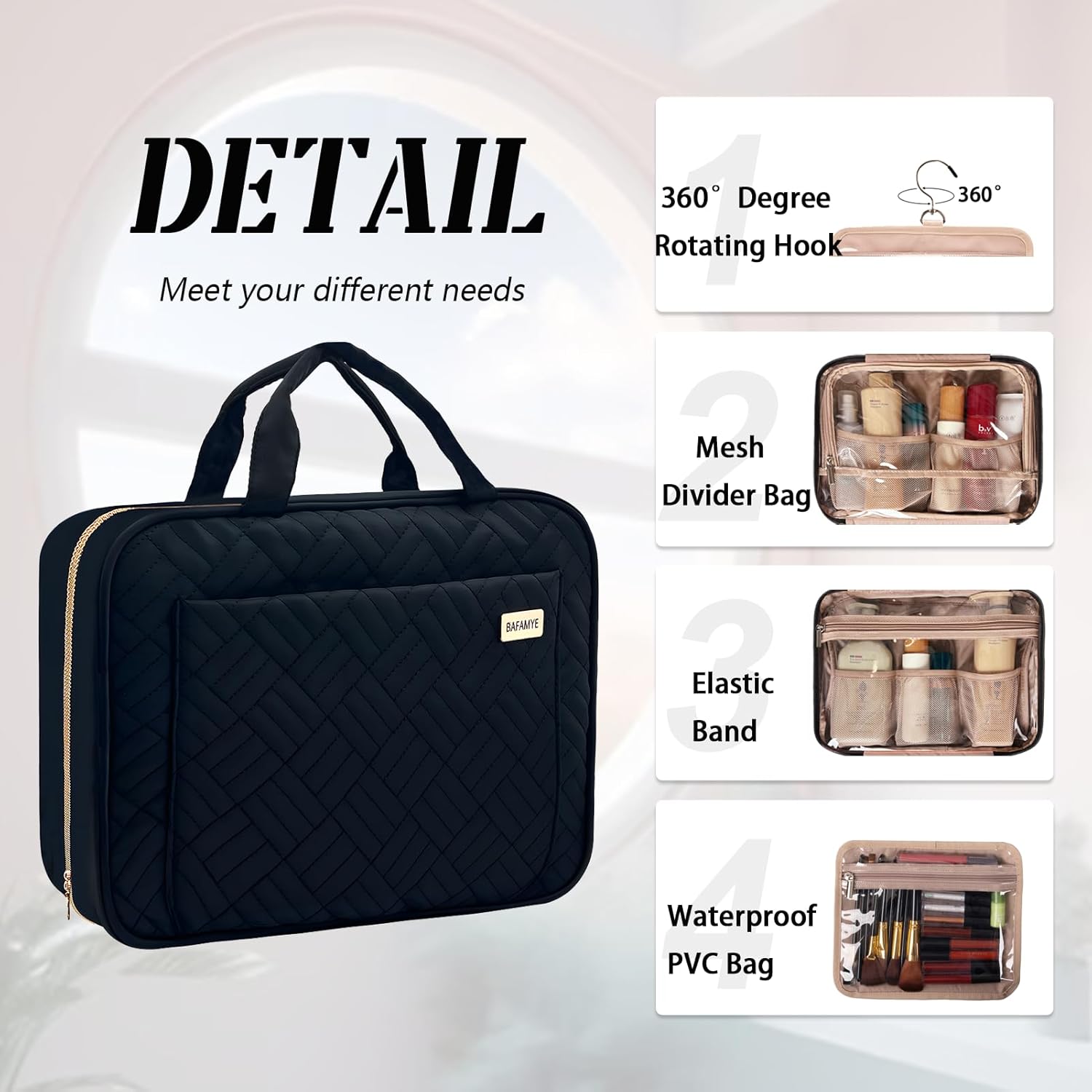BAFAMYE Neceser de viaje para mujer, resistente al agua, bolsa de cosméticos para maquillaje, contenedor de tamaño completo con gancho para colgar