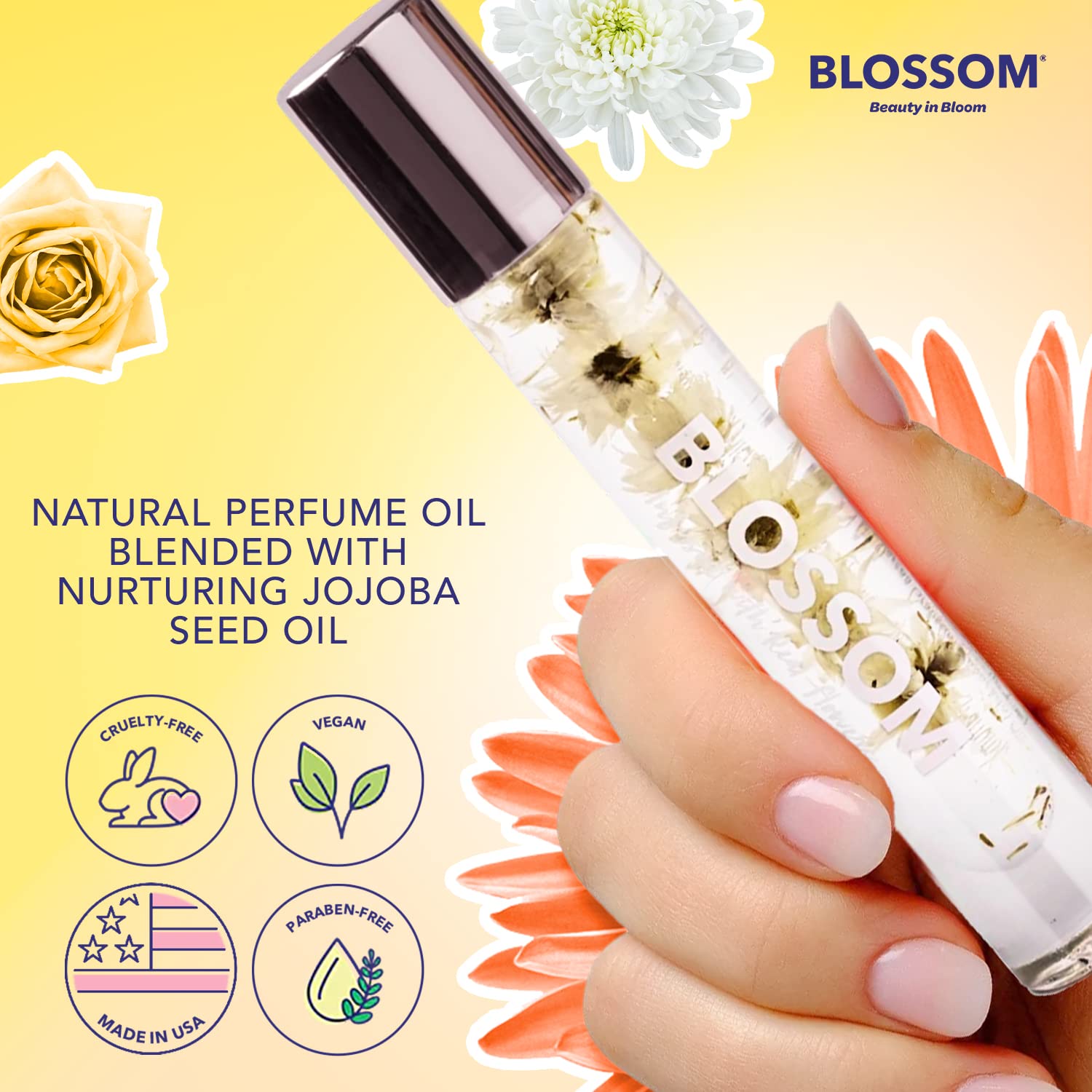 Blossom Aceite de perfume roll-on Rollerball con ingredientes naturales + aceites esenciales, infundido con flores reales, fabricado en Estados