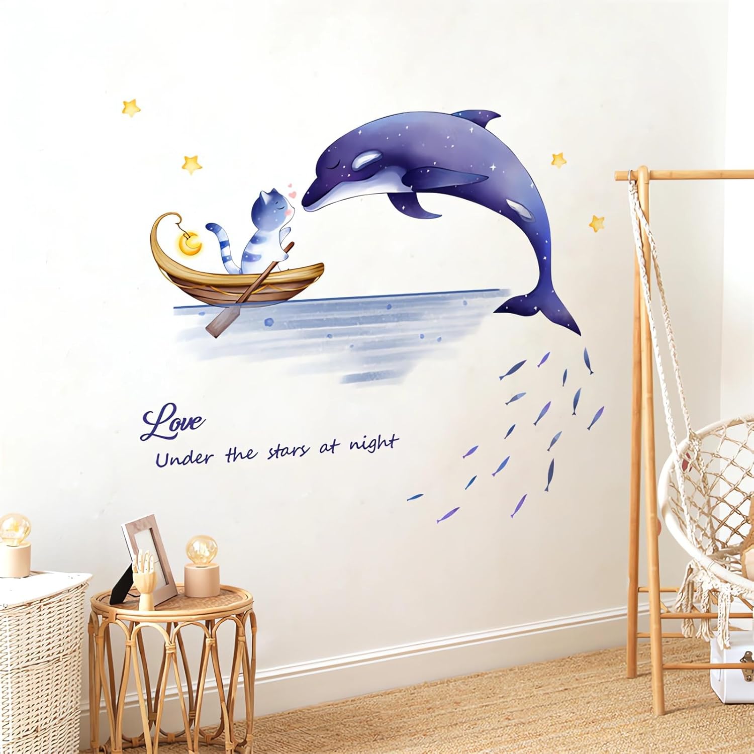 sacinora – Calcomanías de pared con diseño de delfín y gatito, calcomanías de pared de animales marinos morados, extraíbles para niños, bebés,