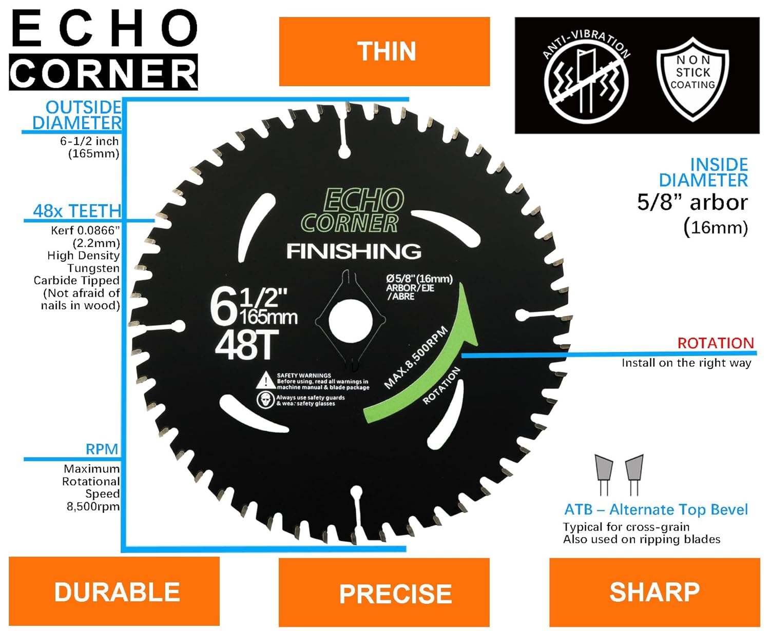 Hoja de sierra circular de 6-12 “Carburo 48T+24T 58” Arbor Antiadherente Recubrimiento Combo Pack, Heavy Duty Fine Cut Final Crosscut Framing Madera