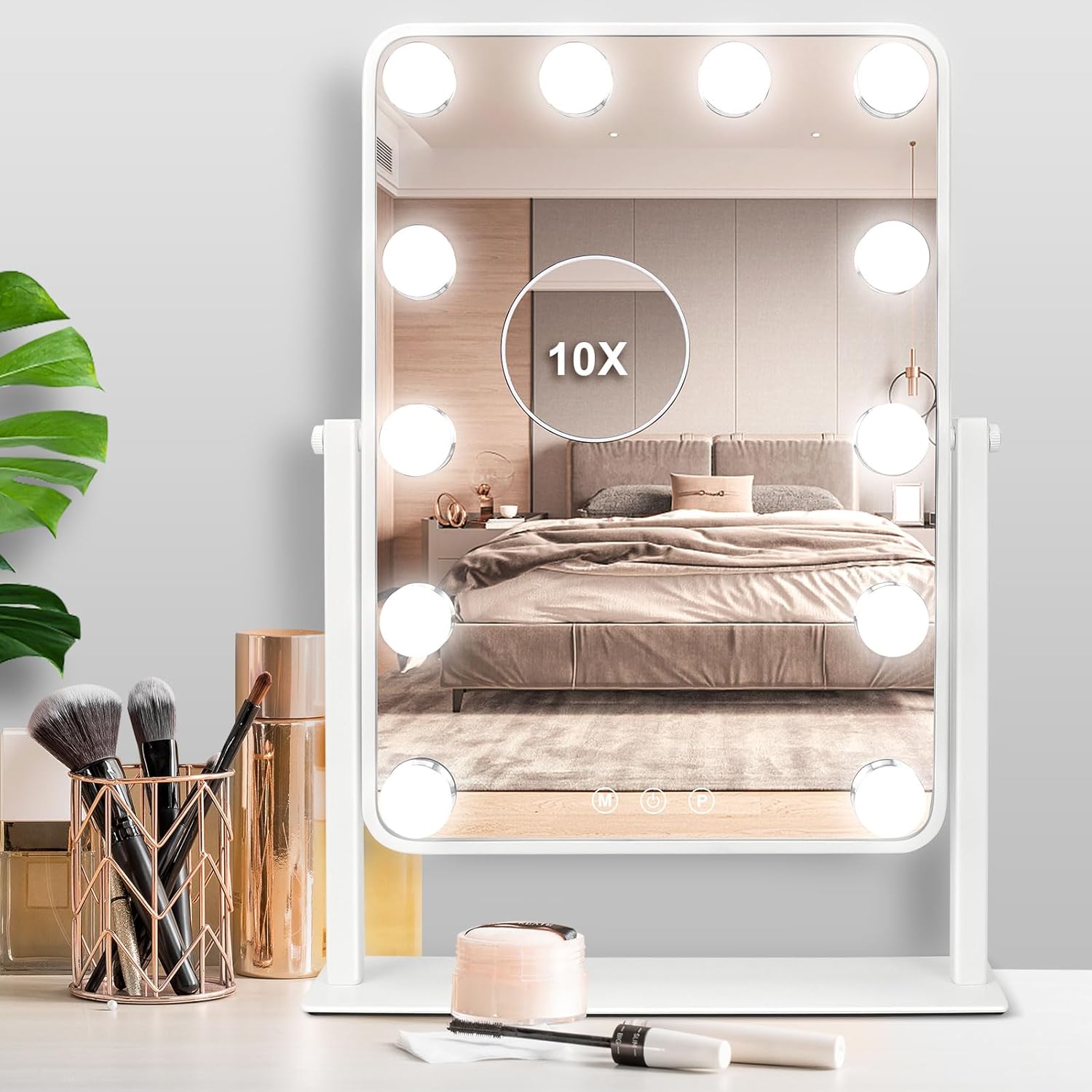Hazifes Espejo de tocador grande de Hollywood con luces 12 LED, espejo de maquillaje de mesa con control táctil inteligente, 3 colores, bombillas
