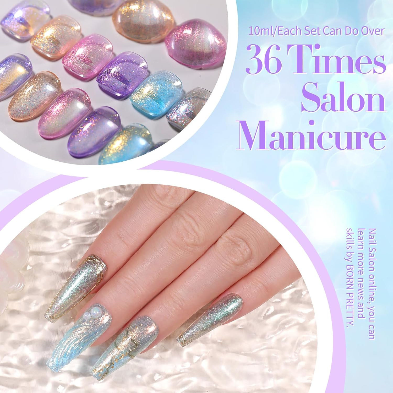 Born Pretty Juego de esmaltes de uñas de gel de perlas con brillo de sirena brillante, esmalte de gel transparente de gelatina nacarada, barniz de