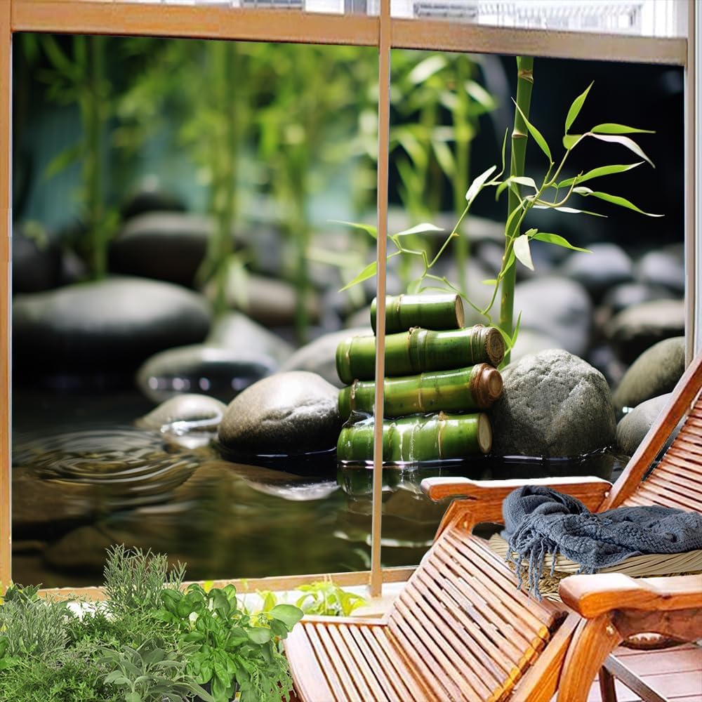 Película de privacidad de bambú para ventana de agua clara, piedra botánica bodegón, estilo moderno, vitrales, sin pegamento, película estática para