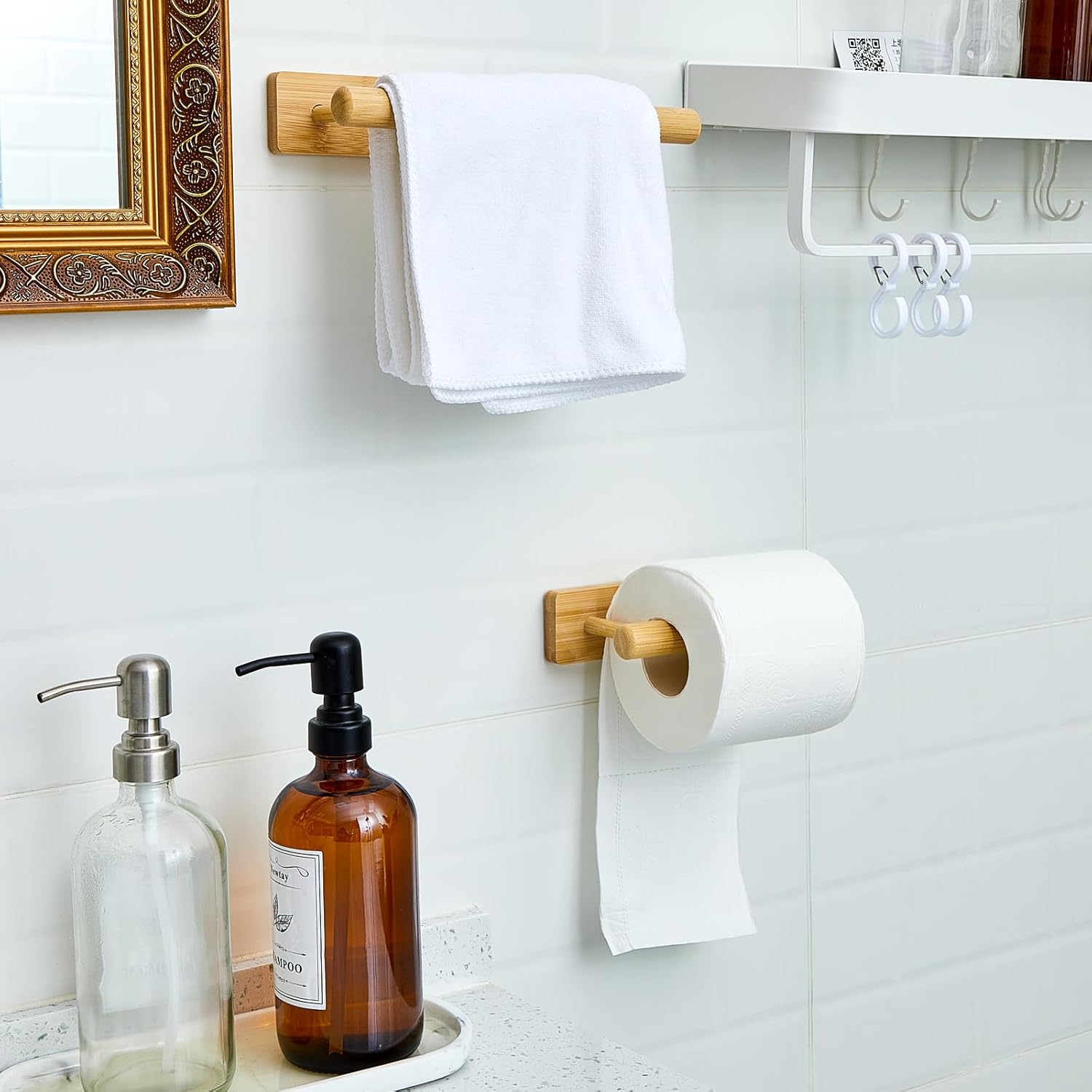Maxcheck 2 piezas de soporte de bambú para papel higiénico montado en la pared, toallero de madera, soporte para papel higiénico y toallero, juego