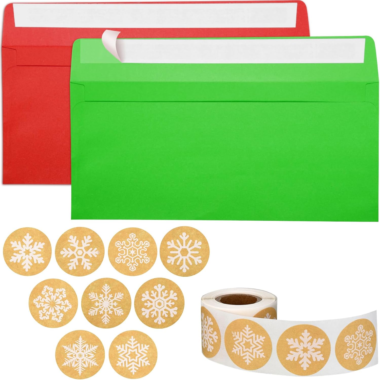 100 sobres con el número 10, sobres para tarjetas de regalo con 200 calcomanías de copos de nieve de papel de estraza de Navidad, calcomanías para