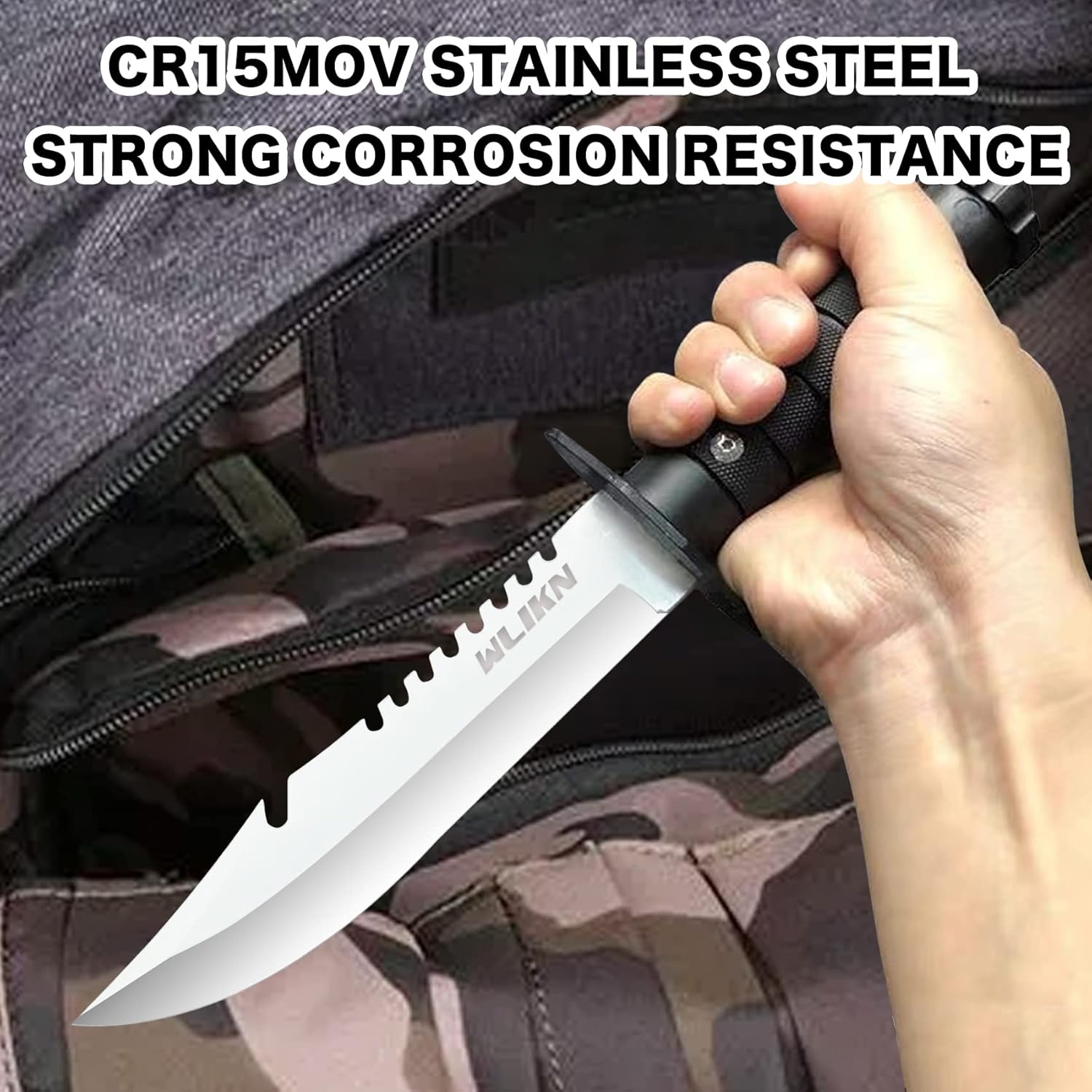 Wlikn Cuchillo de hoja fija con funda, cuchillo Bowie de supervivencia de hoja de un solo borde de 5 pulgadas con mango antideslizante, para