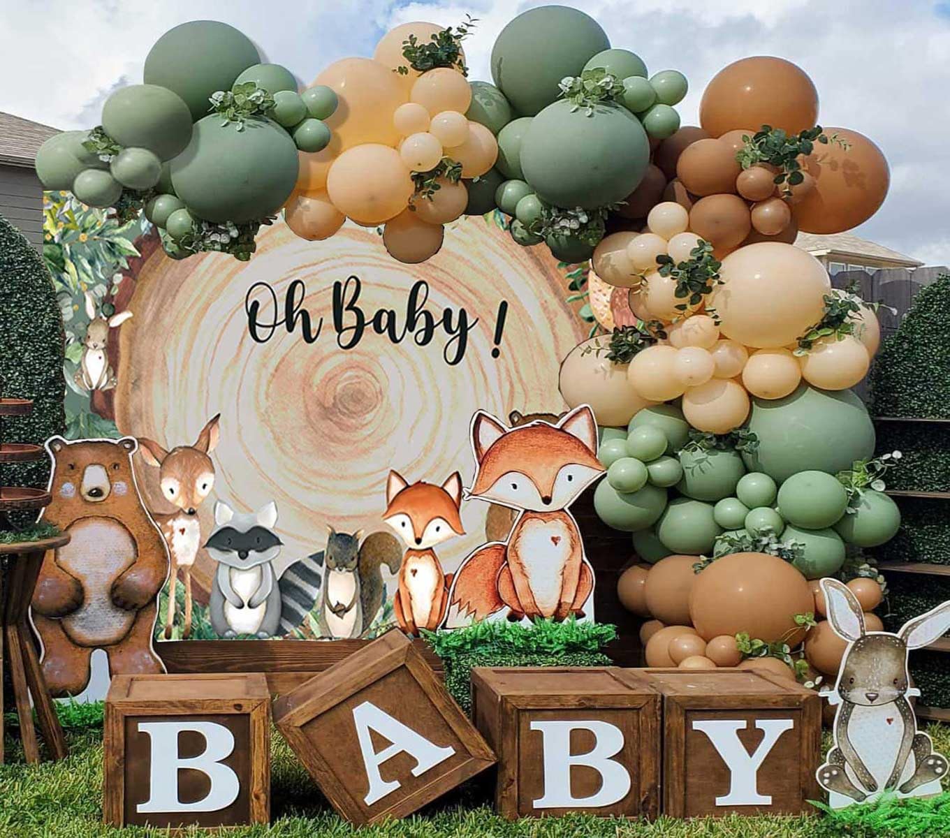 Decoración de baby shower de bosque, 1 telón de fondo de animales del bosque, 4 piezas, caja de grano de madera con letra de bebé, 115 piezas, verde