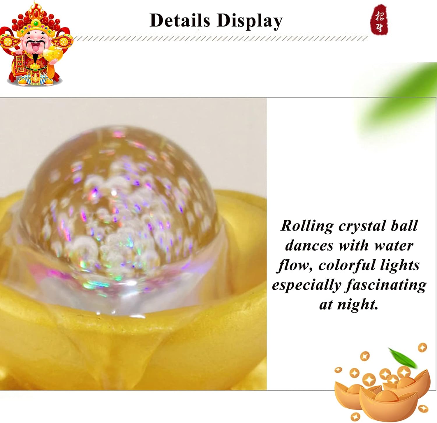 Feng Shui – Fuente de agua de mesa de lingote dorado para interiores, pequeña con luces, cascada para interiores, con bola de cristal rodante y