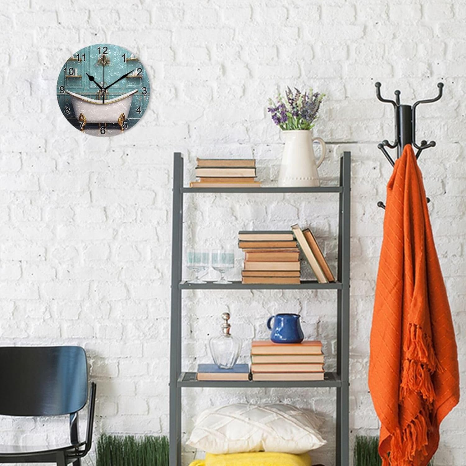CHIFIGNO Reloj de pared redondo de baño verde azulado, relojes creativos de doble propósito, reloj de pared redondo que funciona con pilas, reloj de