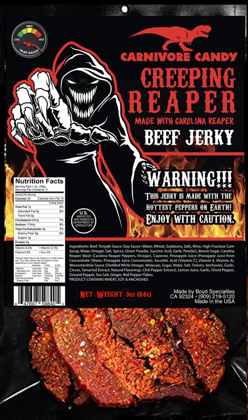 “Creeping Ghost” Carolina Reaper Jerky Beef Three – Bolsas de 3 onzas The Reaper es la pimienta más caliente del mundo. Dulce con calor