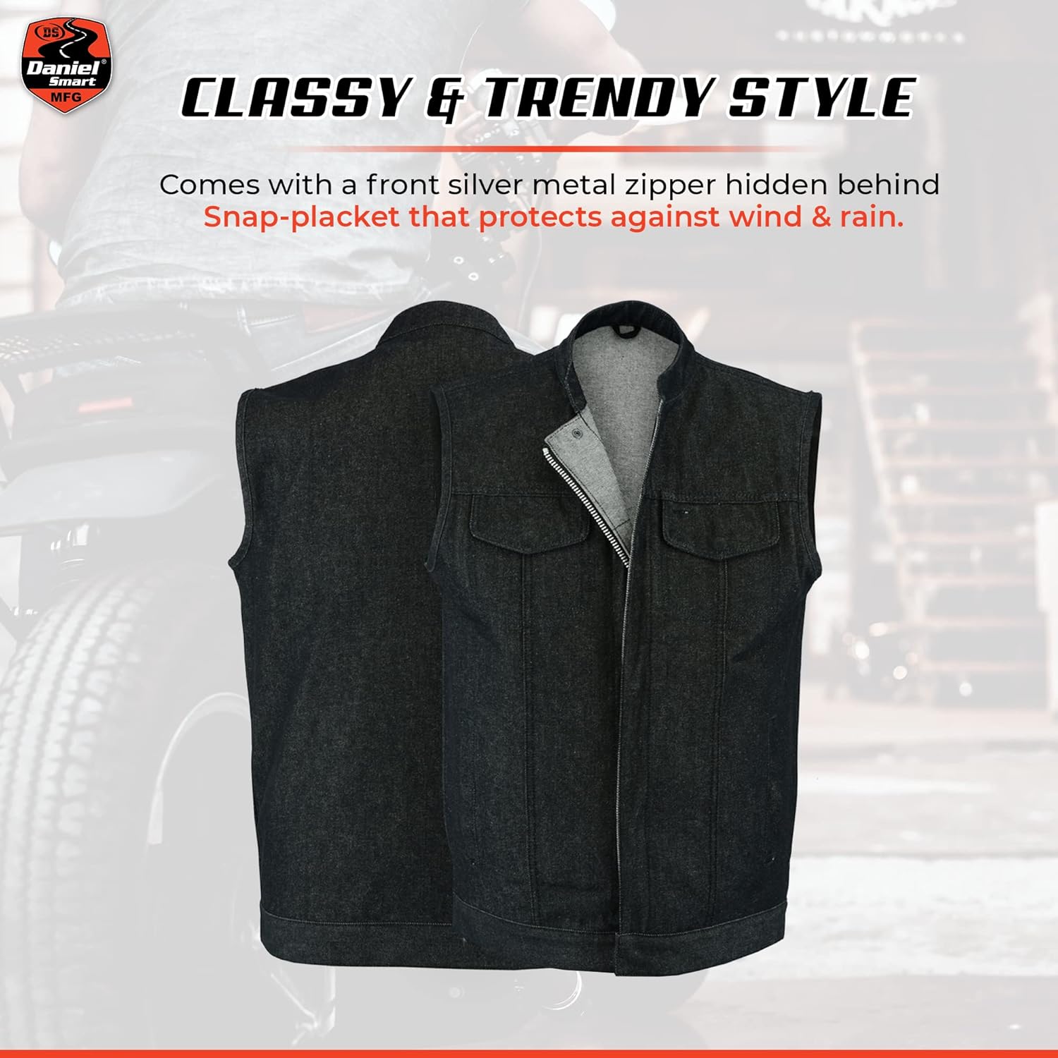 Daniel Smart Biker Vest for Men Rough Blue & Black Denim Vest with Unique Scoop Collar Design & Concealment Armory Pocket