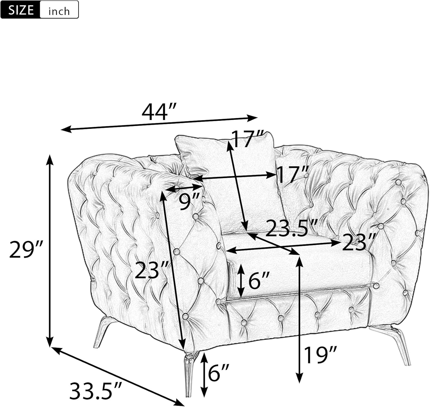 Sofá Chesterfield moderno de 44 pulgadas con patas de metal resistentes, sofá individual tapizado de poliuretano con respaldo copetudo con botones,