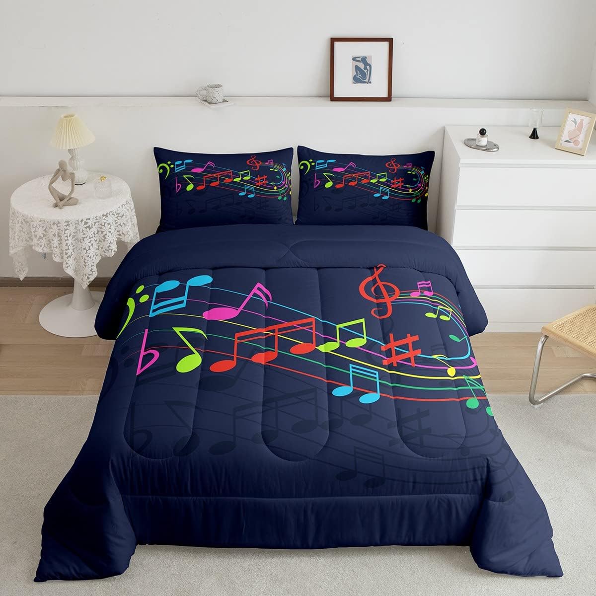 Feelyou Juego de ropa de cama con diseño de arco iris, juego de edredón para niños, niñas, decoración de notas musicales, edredón de microfibra con