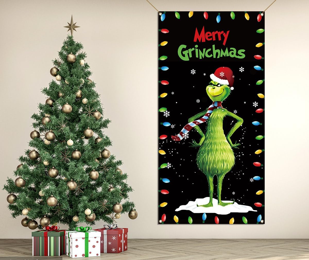 Vohado Merry Grinchmas – Cubierta de puerta de Navidad, Whoville, decoración de fiesta de invierno, decoración de porche frontal, fondo para