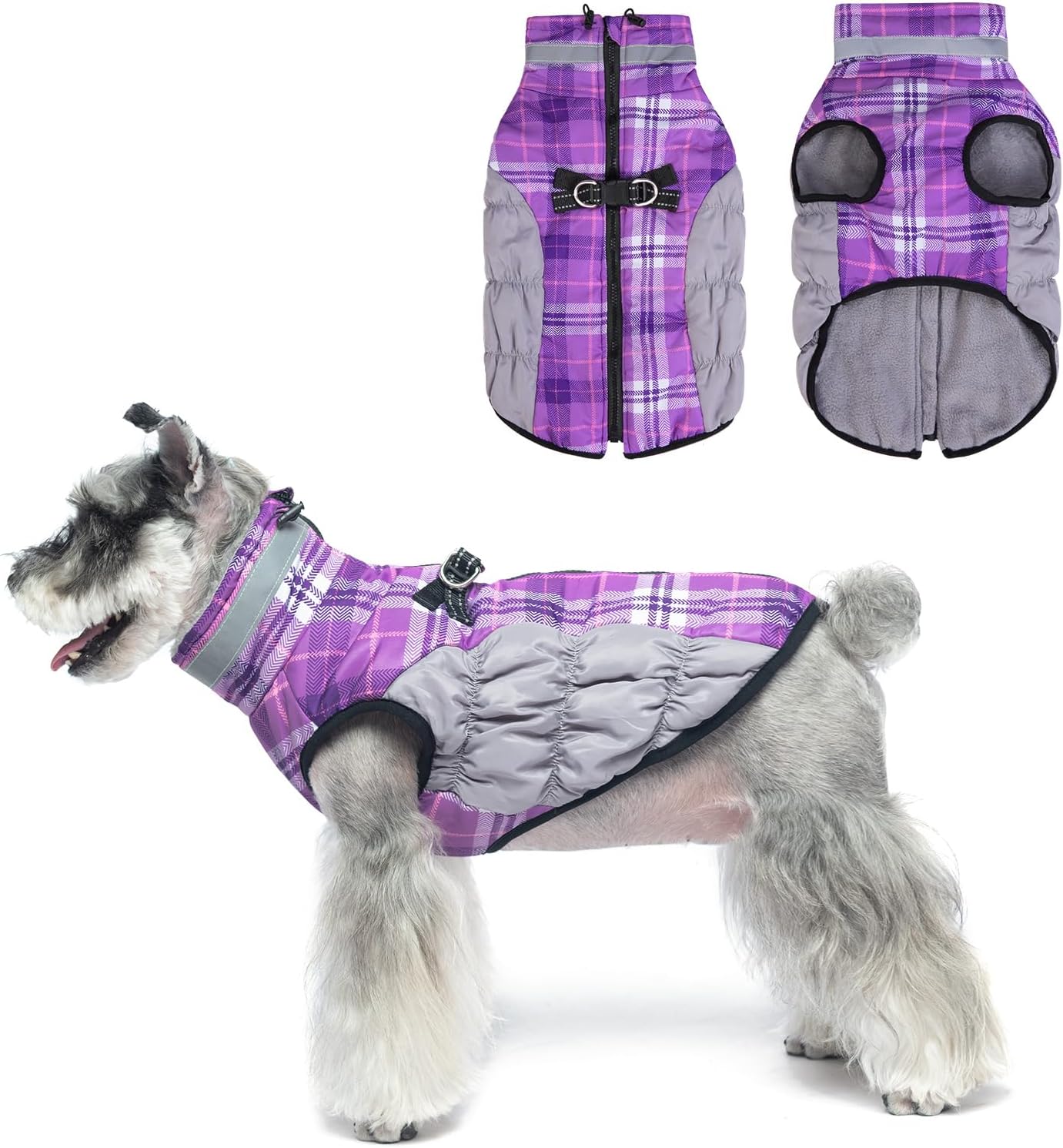 BEAUTYZOO Abrigo de invierno a cuadros para perro, chaqueta reflectante mejorada para perro, forro polar acolchado con arnés integrado, ropa
