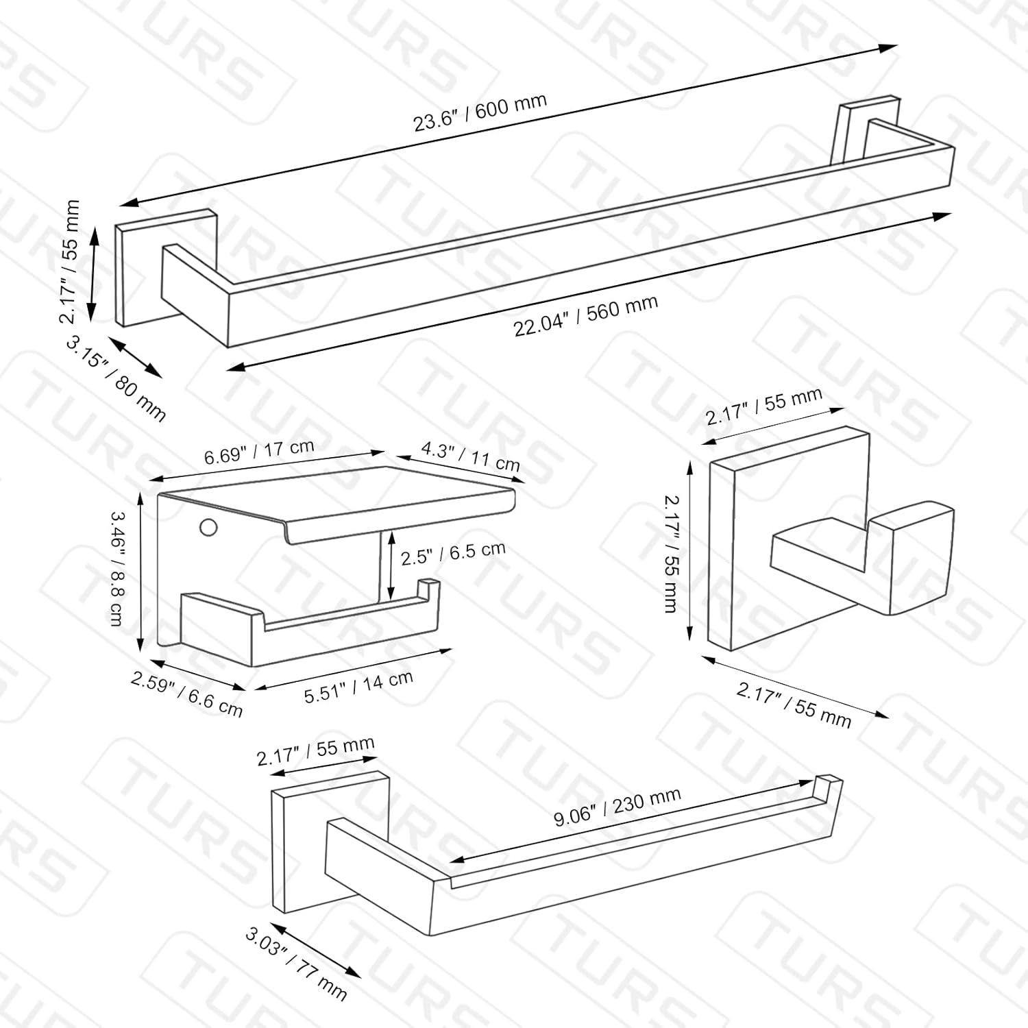 TURS Juego de accesorios de baño negro de 4 piezas, incluye toallero de 24 pulgadas, soporte para toallas de mano, gancho para toallas, soporte para