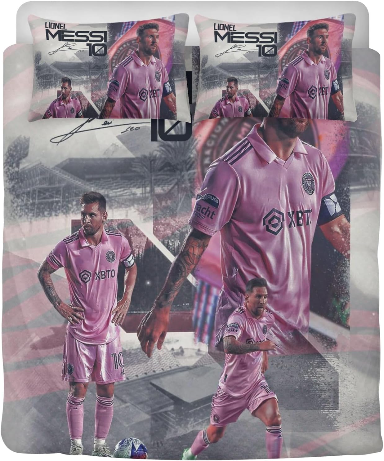 Juego de funda de edredón de fútbol Miami para niños, tamaño matrimonialqueen, 3 piezas, ropa de cama rosa ultra suave, juego de funda de edredón de