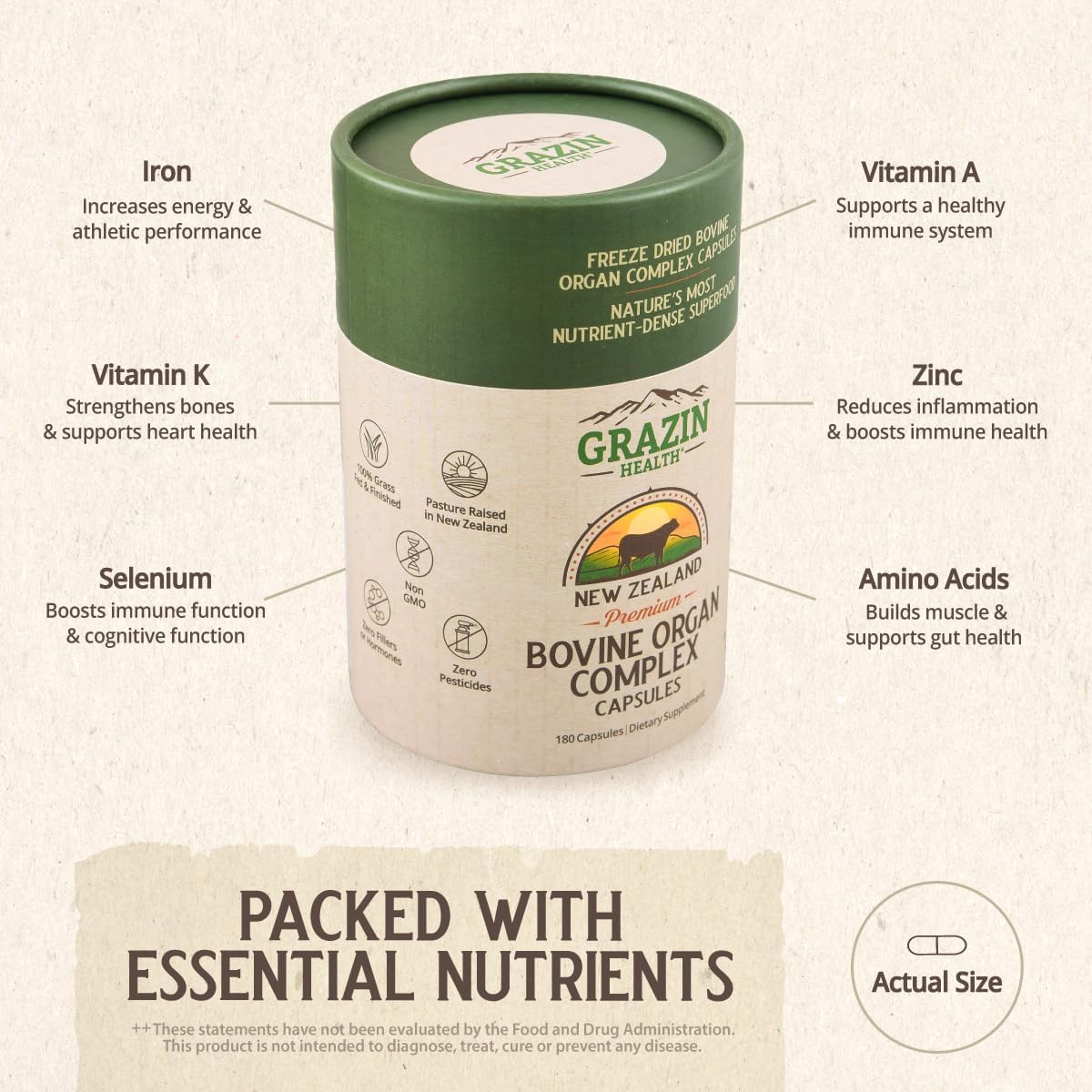 Grazin Health – Complejo de órganos bovinos alimentados con pasto hígado, bazo, riñón, corazón, páncreas (600 mg por órgano por cápsula), 3000 mg