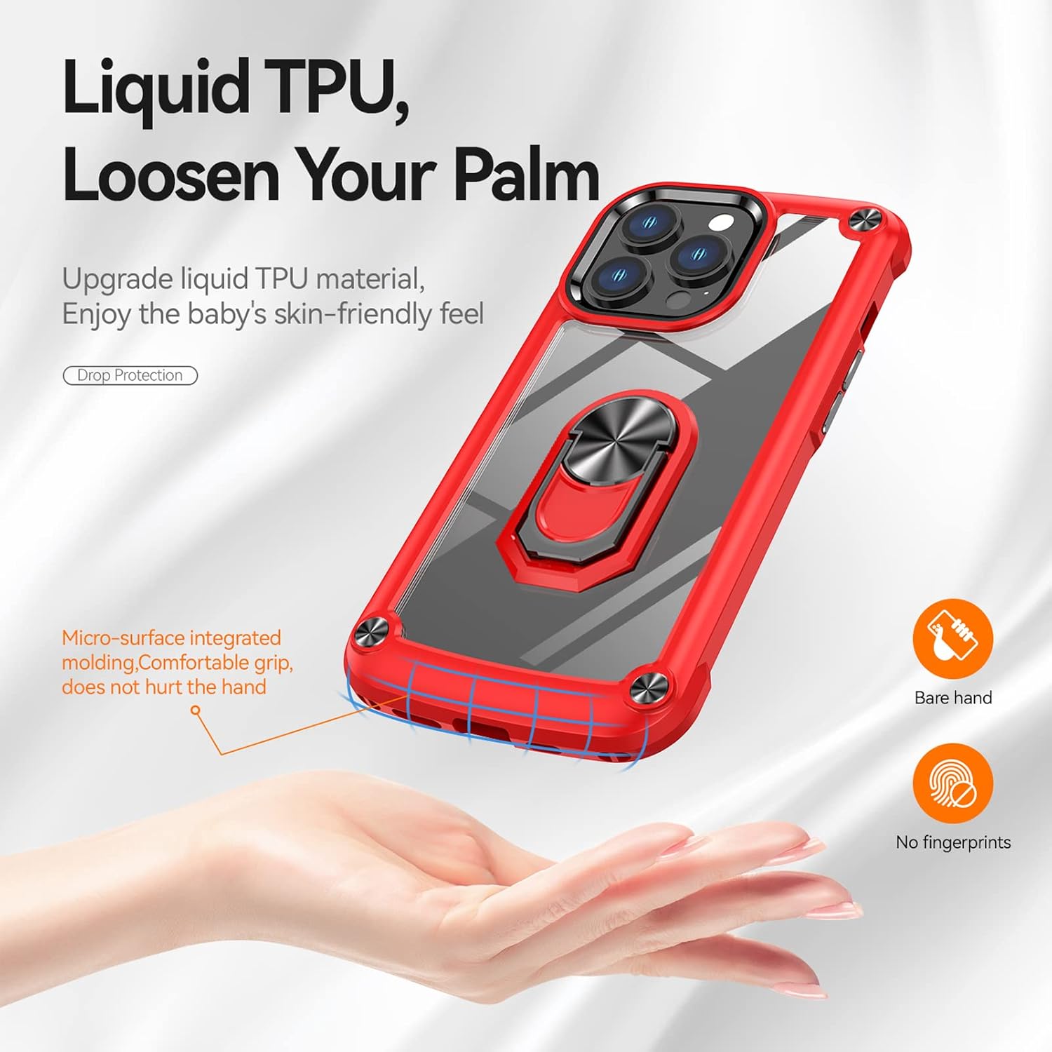 Funda para iPhone 13 Pro, placa trasera acrílica+TPU+diseño de agujero de cuerda, funda protectora para prevención de caídas, con anillo giratorio