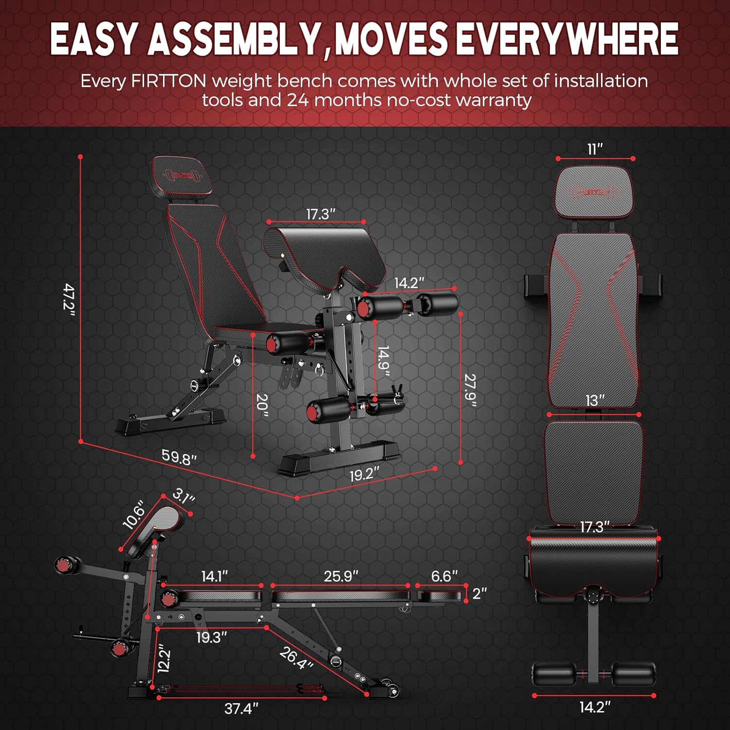 Weight Bench Press, Strength Training Workout Benches for Home Gym, FRITTON 800 LB Stable Decline Incline Bench for Full Body Workout, Adjustable