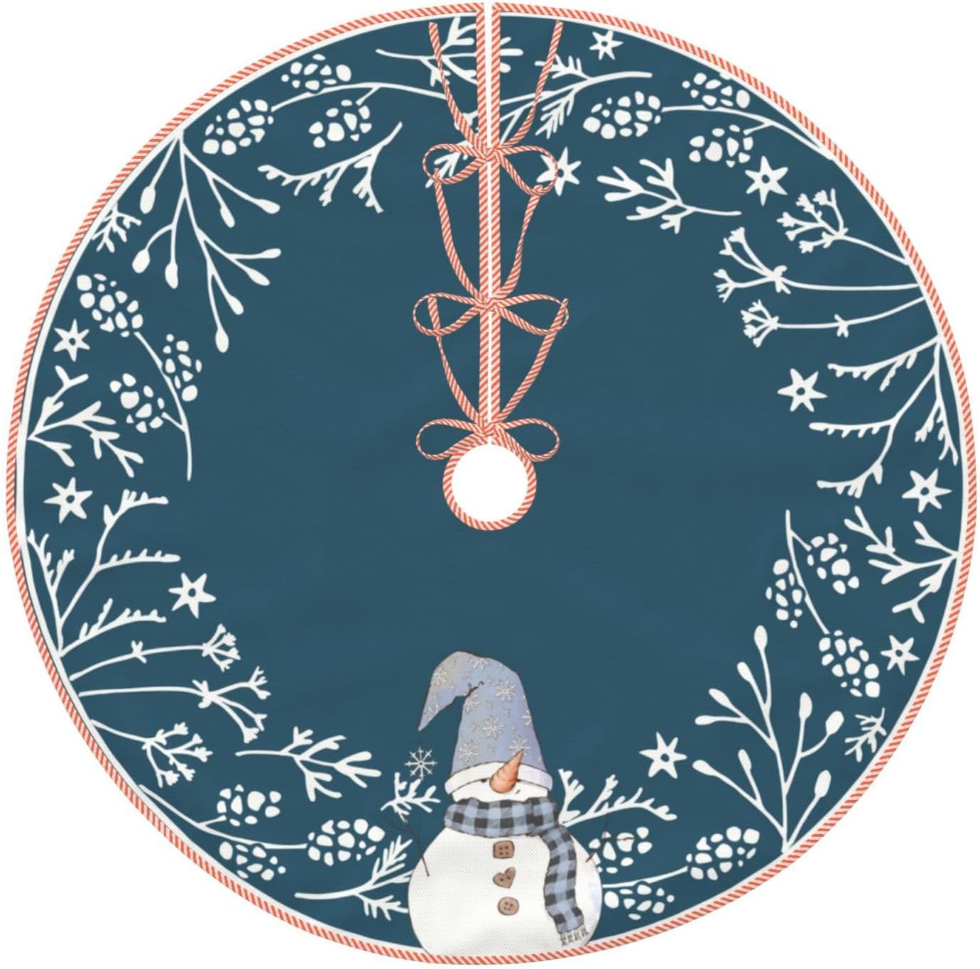 Falda de árbol de Navidad, lindo muñeco de nieve con simples decoraciones botánicas blancas de Navidad, para fiestas de vacaciones, decoración de