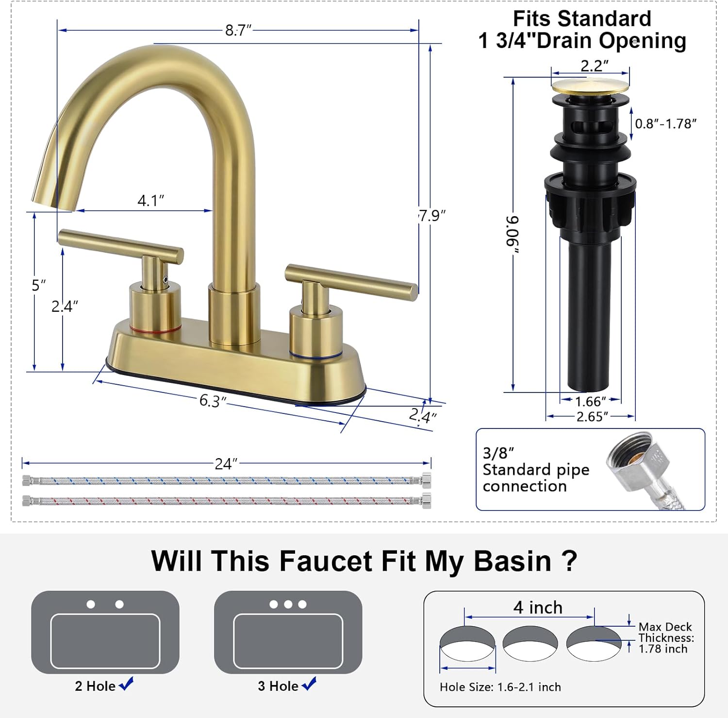 Grifos de baño para fregadero de 3 agujeros, oro cepillado de 4 pulgadas, grifo de fregadero central para baño con drenaje desplegable y 2 mangueras