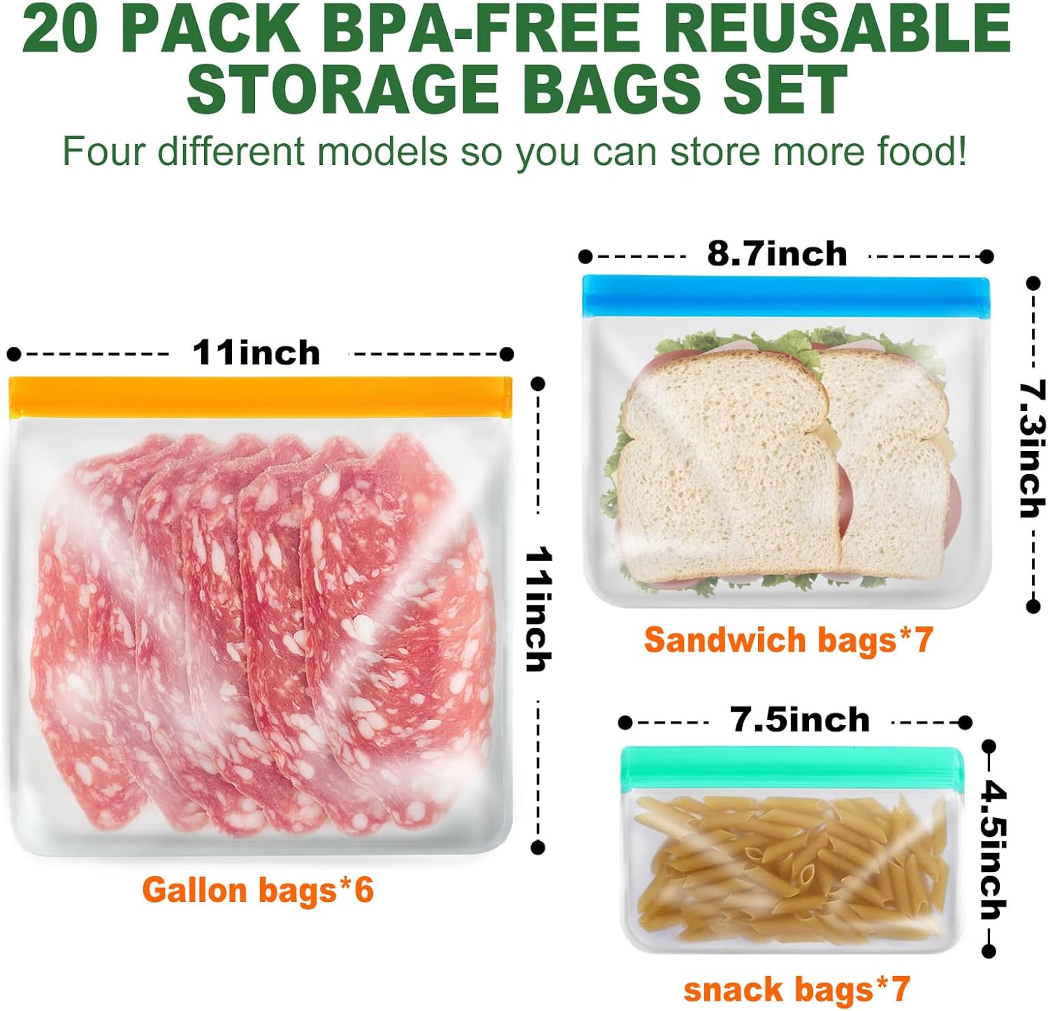 Paquete de 20 bolsas reutilizables con cierre de cremallera, 6 bolsas grandes de almacenamiento de alimentos, bolsas para congelador, 7 bolsas