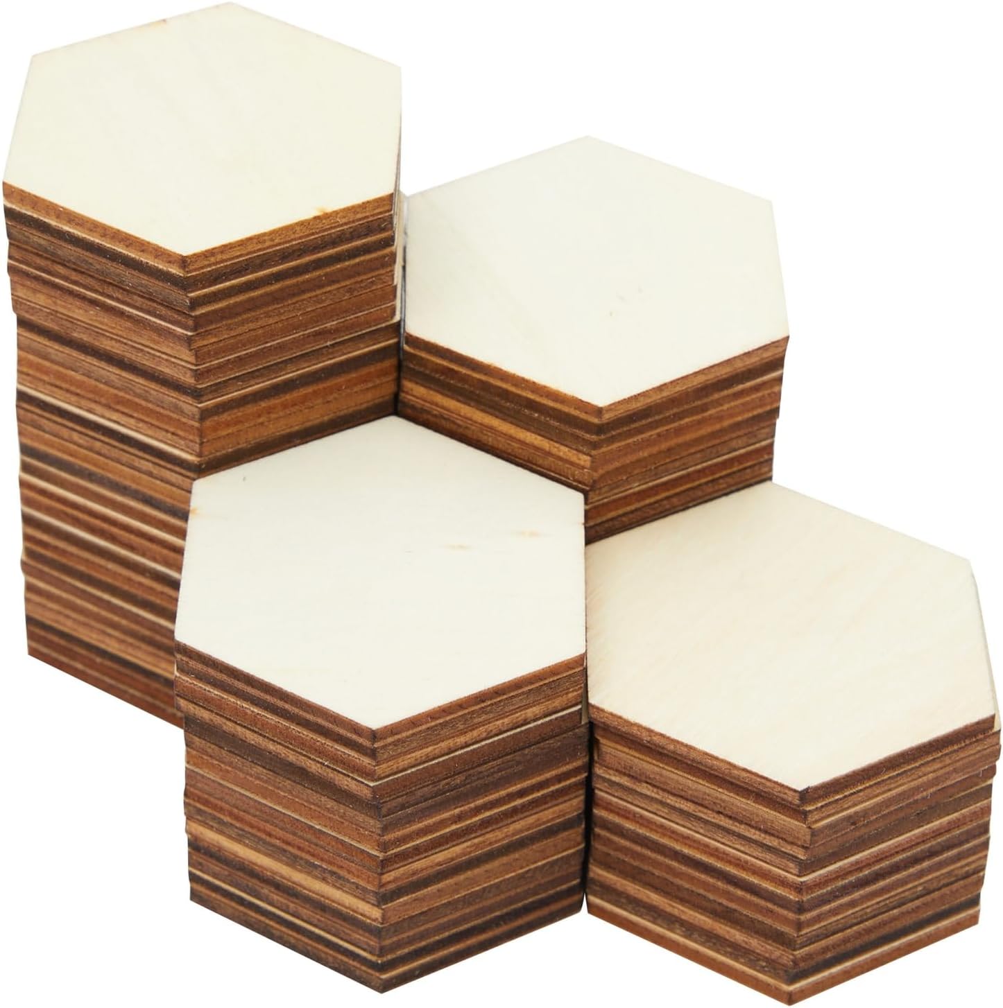 Bright Creations Paquete de 100 piezas hexagonales de madera sin terminar para manualidades, recortes de rebanadas de madera de 0.098 in (2 x 2