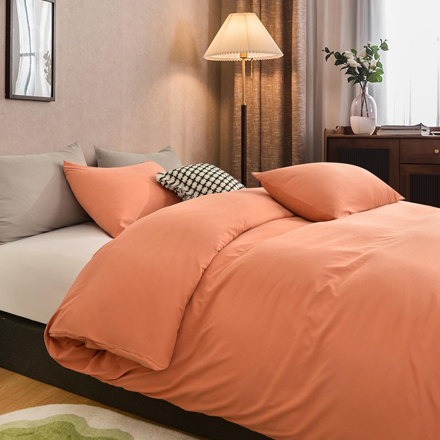 Juego de funda de edredón naranja 100% algodón, tamaño Queen, juego de ropa de cama suave de lujo de 3 piezas con cierre de cremallera. Funda de