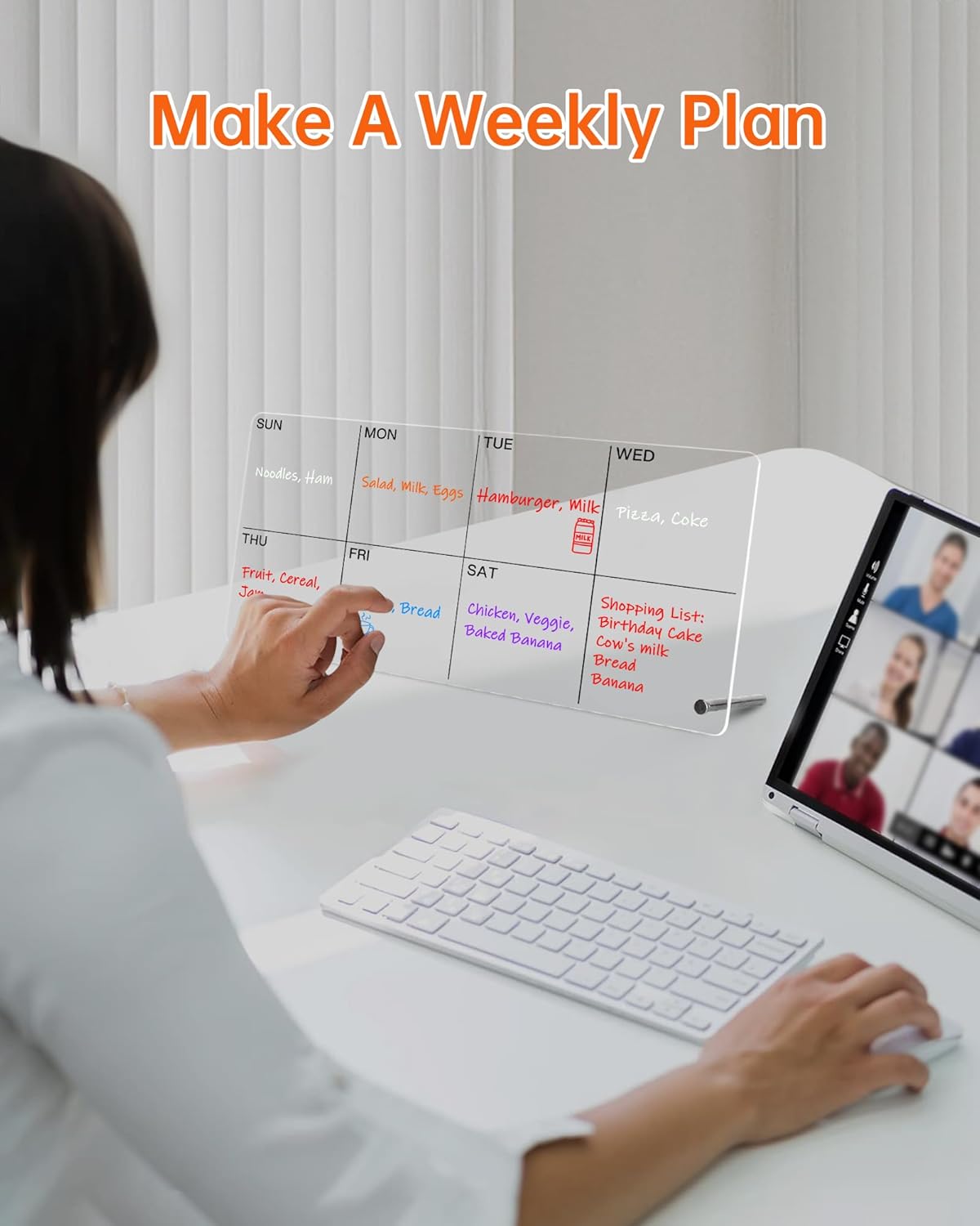 Planificador semanal de escritorio acrílico, pizarra blanca transparente de 12 x 6 pulgadas con soporte de metal, calendario de lista de tareas