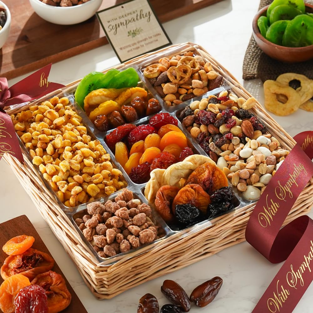 Broadway Basketeers Cesta de regalo de frutas secas y frutos secos de condolencia de lujo, un regalo saludable de primera calidad, regalos