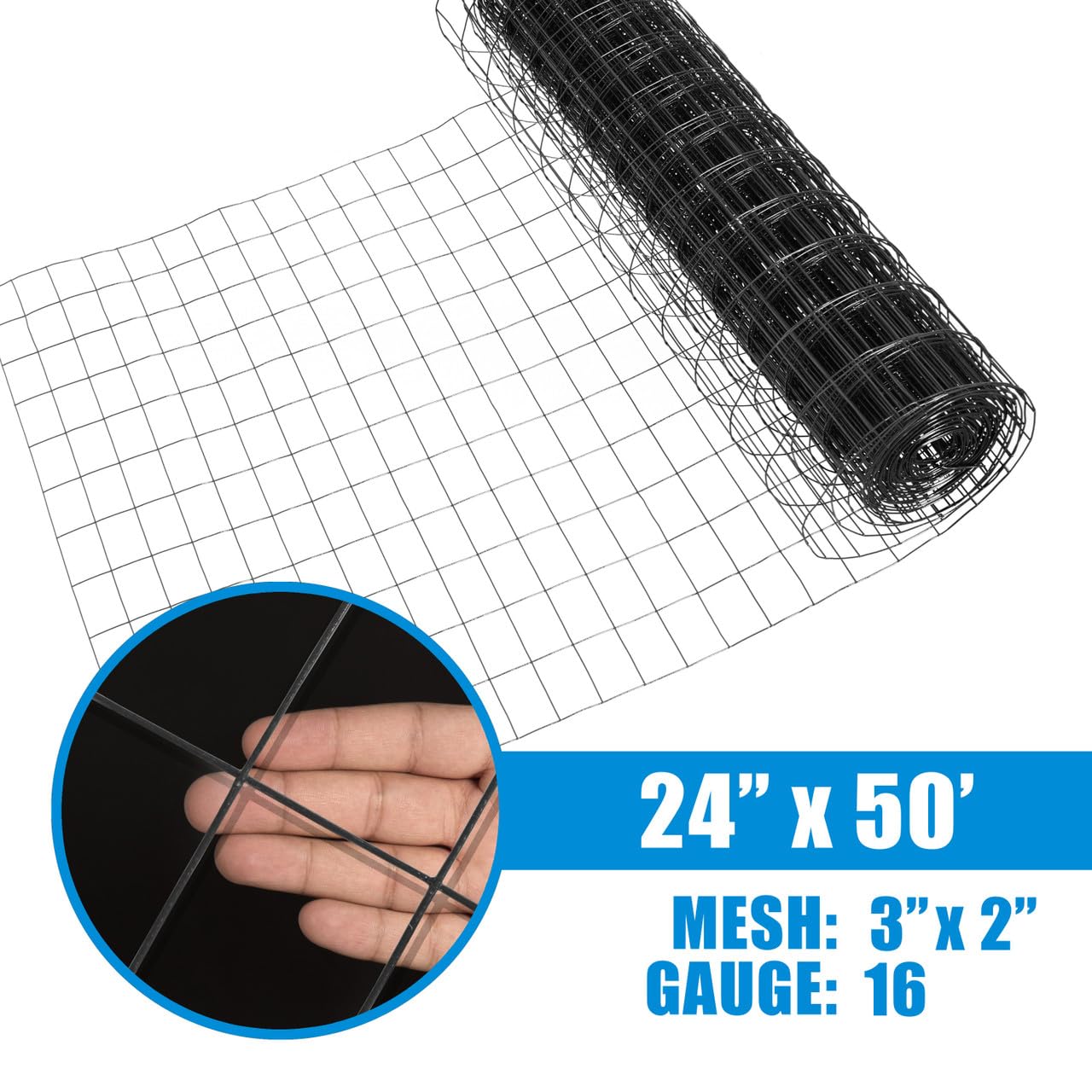 Fencer Wire Tamaño de malla de alambre soldado con autógena recubierto de vinilo verde calibre 16 pulgadas x 3 pulgadas, negro, 2×50 pies
