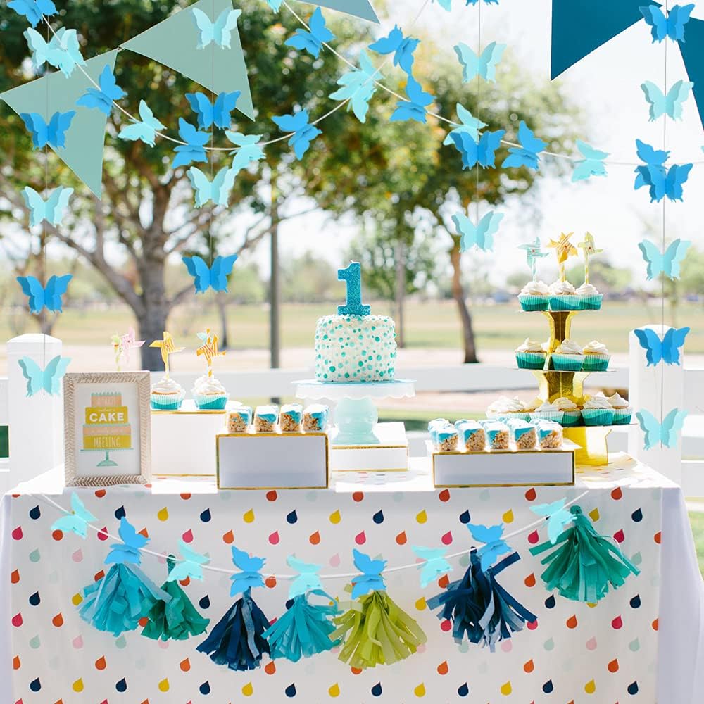 Guirnalda de papel de mariposa azul 3D para colgar en el hogar, decoración de techo, fiesta de cumpleaños, baby shower, boda, suministros de