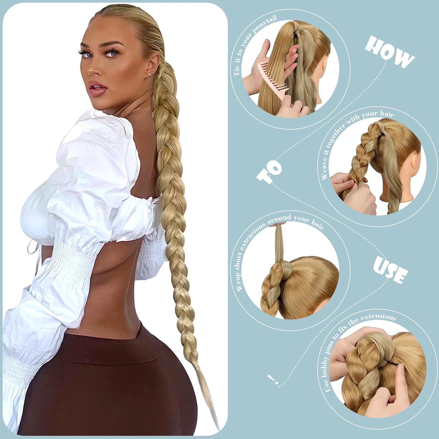 FELENDY Extensión de cola de caballo de 26 x 30 pulgadas, trenzada, larga y recta, envolvente, extensiones de cabello natural suave para mujer (26